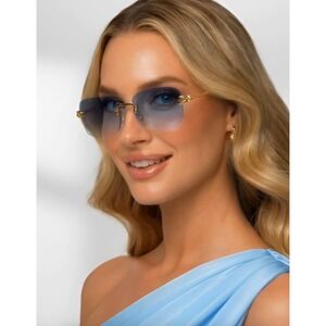 Gold Rimless Rectangle Women Sunglasses Blue Gradient Lens Twisted Rope Temple